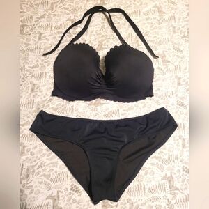 Victoria Secret Black Lined Underwire Halter Bikini Set Size Large